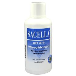 Weißes Waschlotions-Fläschchen mit blauem Etikett für Intimpflege.