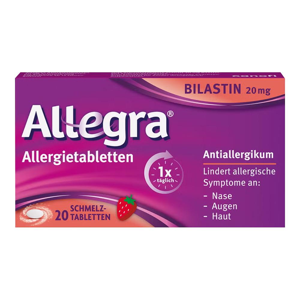 Lila Verpackung von Allergietabletten mit Erdbeere als Geschmacksrichtung.